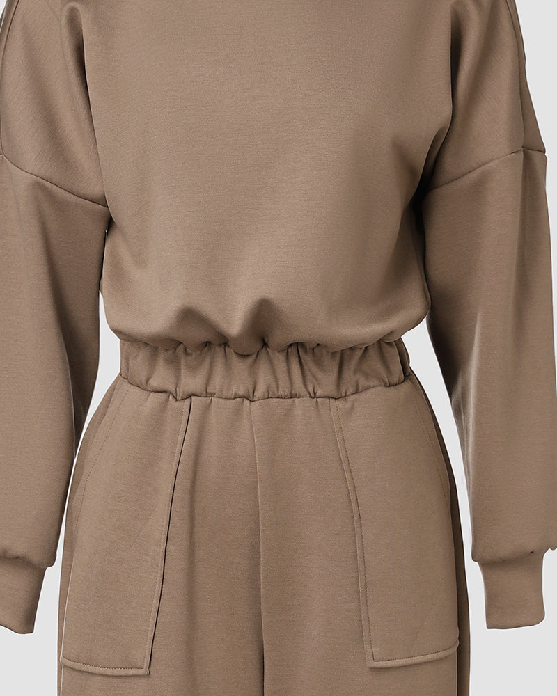Off Shoulder V-Back Elastic Waist Pockets Design Jumpsuit Casual Drop Shoulder Cinched Waist Wide Leg Jumpsuit