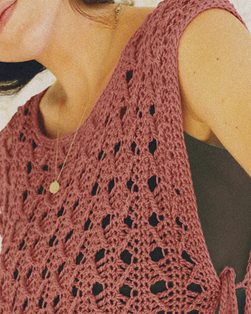 Round Neck Sleeveless Hollow-out Crochet Sweater Casual Tie Side Breathable Crop Top