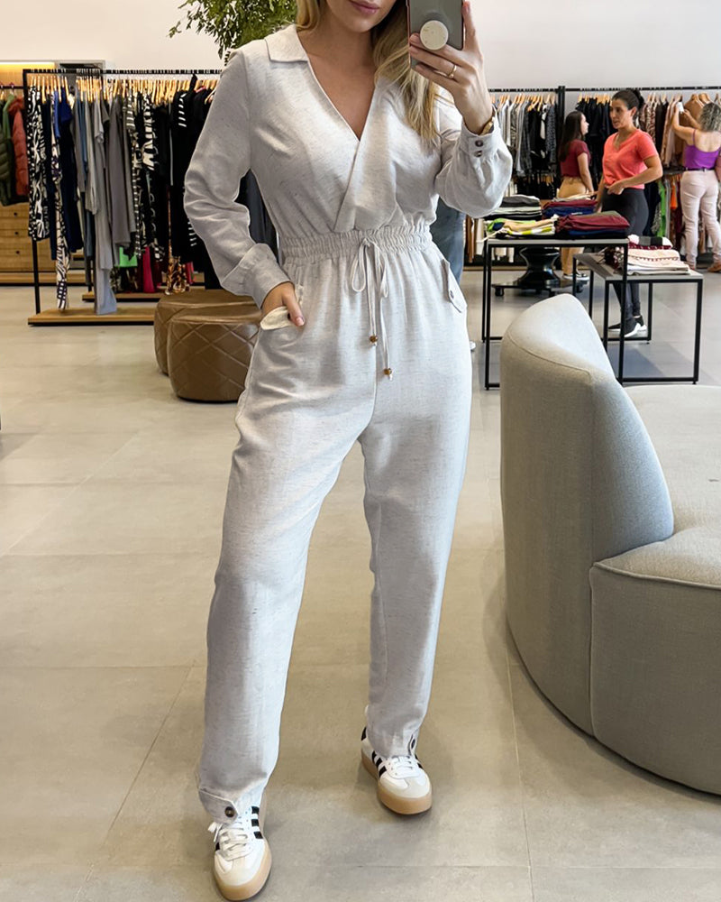 Turn-down Collar Overlap V-Neck Drawstring Stretchy Waist Jumpsuit Casual Flap Pockets Design Jumpsuit