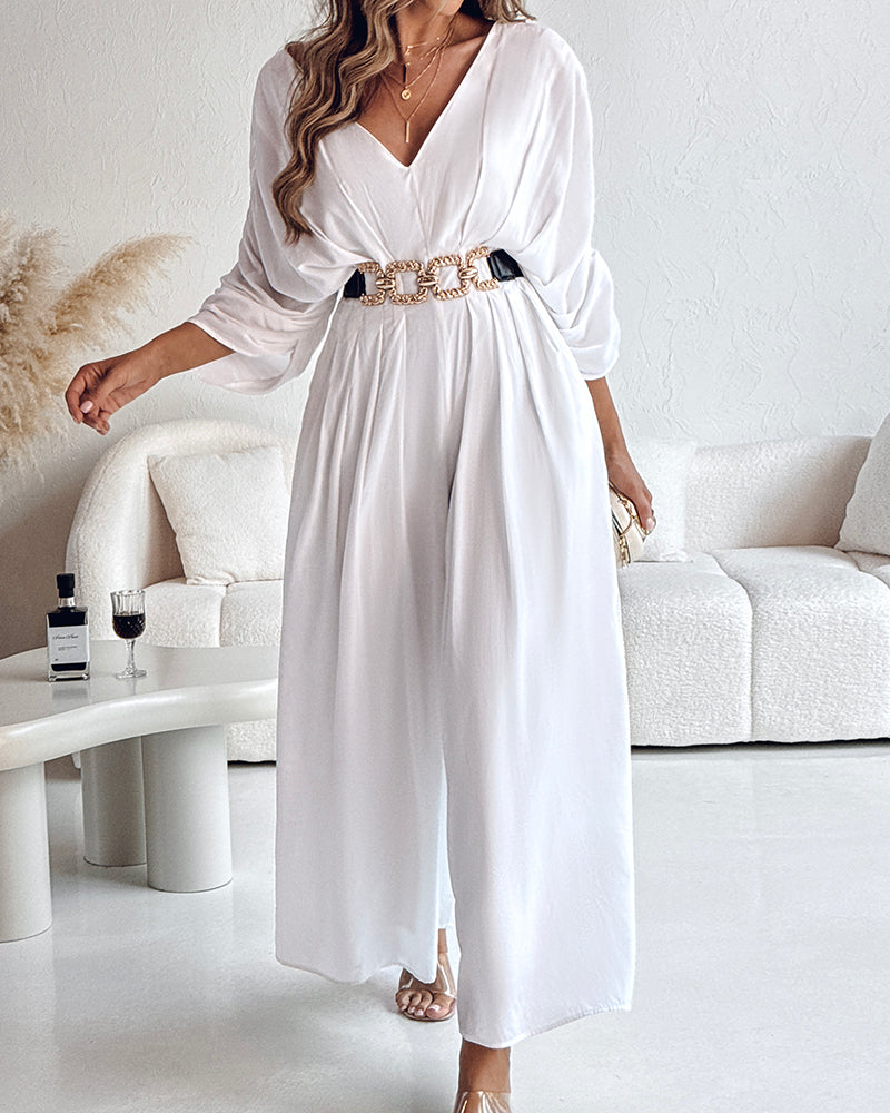 Deep V-Neck Ruched Three Quarters Sleeve Backless Overalls Casual Waist-Gathered Tied Detail Jumpsuit without Belt