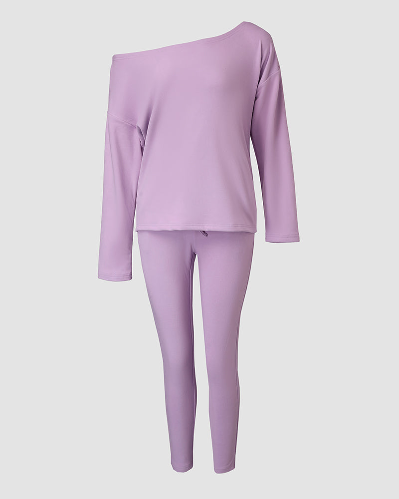 2 Pieces Outfit Long Sleeve Skew Neck Pullover Top and Drawstring Elastic Waist Slim Fit Pants Set