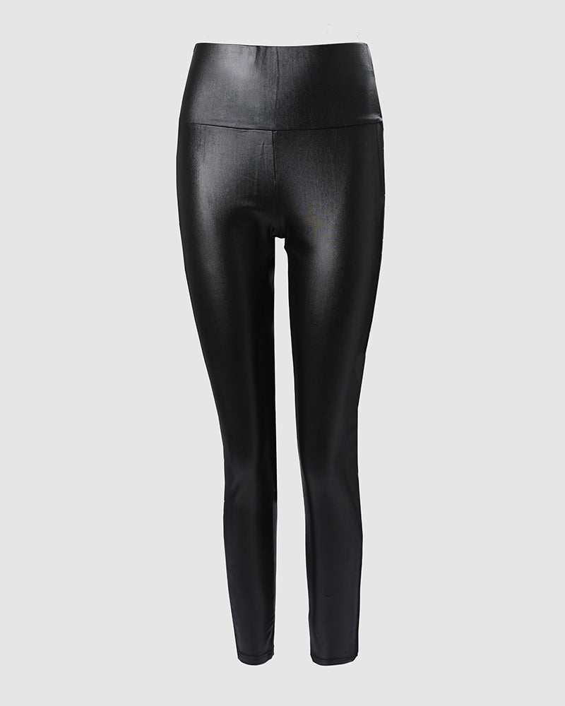 Rhinestone Contrast Mesh High Waist Skinny Pants Sexy Slim Fit Pu Leather Pants