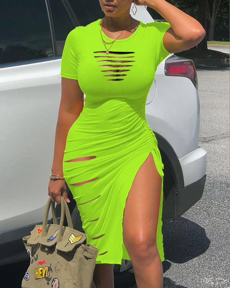 O-neck Short Sleeve Solid Color Cut-Out Ruched Drawstring Bodycon Dress with Side Slit