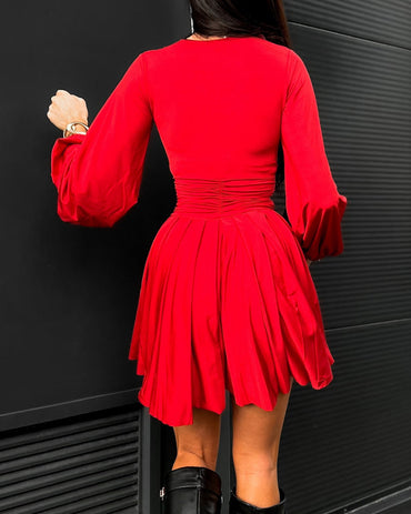 Deep V Neck Lantern Sleeve Ruched Pleated A Line Flowy Dress Single Breasted Decor Cinched Waist Party Dress
