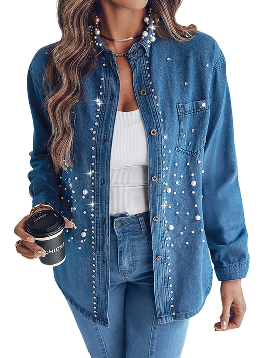 CHICMELIVE Women's Fall Button Down Denim Shirt Casual Jean