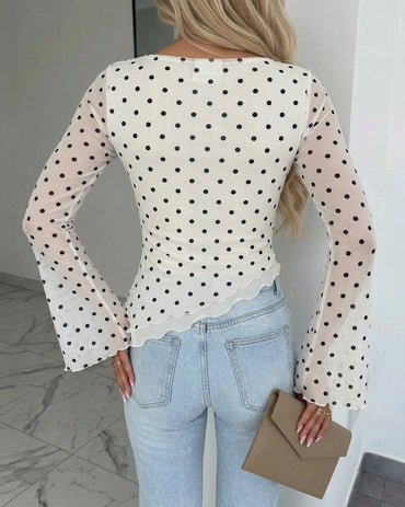 Women's Polka Dot Mesh Top Flare Long Sleeve Boat Neck Lined Asymmetric Frill Hem Blouse Vintage Party Shirt