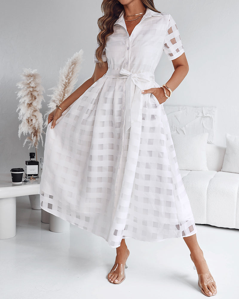 Turn-down Collar Plaid Mesh Double-Layered Cinched Waist Maxi Dress Button Down Bow Tie Waist Commuting Dress
