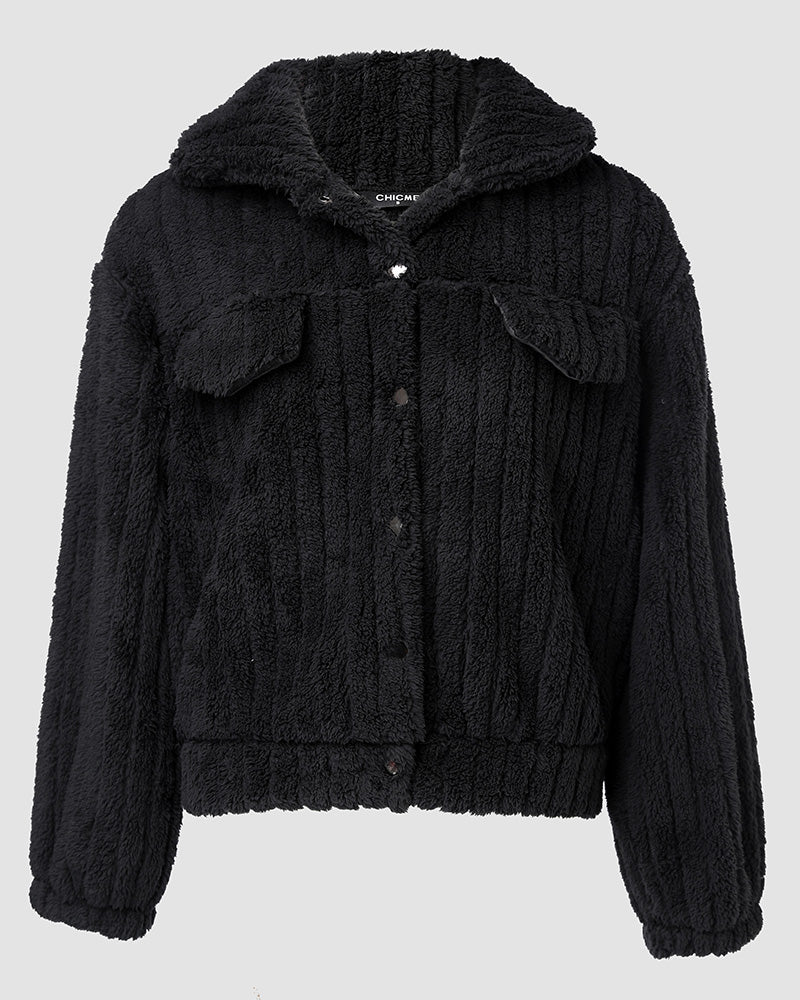 Textured Striped Turn-down Collar Button Front Elastic Cuff and Hem Teddy Fleece Jacket With Decorative Flap Pockets