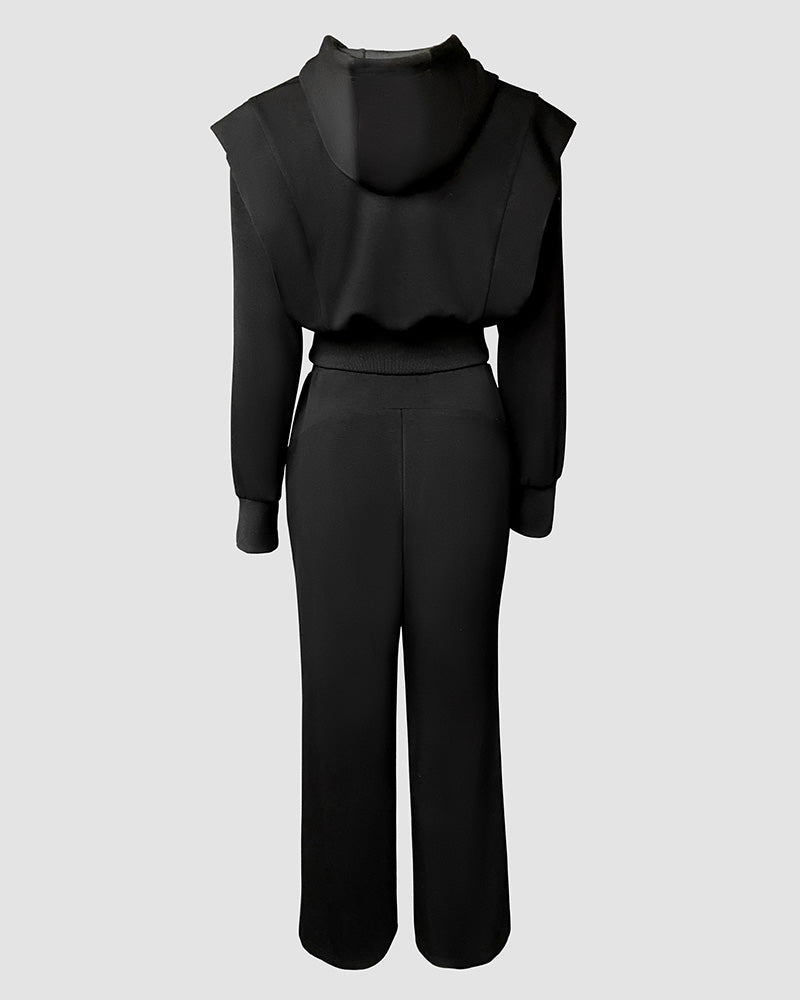 2 Pieces Outfit Rhinestone Graphic & Letter Pattern 3D Design Crop Drawstring Hoodie Sweatshirt and Casual Drawstring Elastic Waist Wide Leg Sweatpants Set