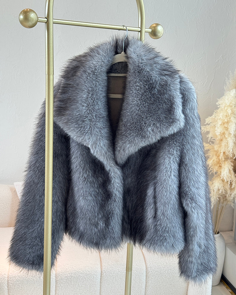 Turn-down Collar Long Sleeve Faux Fur Coat Jacket Casual Warm Fluffy Cropped Coat