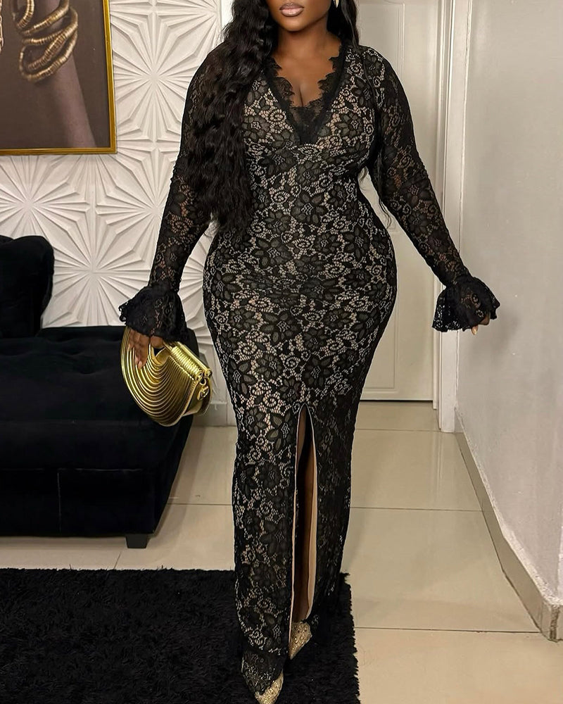 Elegant Lace Plunge V Neckline Long Sleeve Dress Casual Slim Fit Slit Evening Maxi Dress
