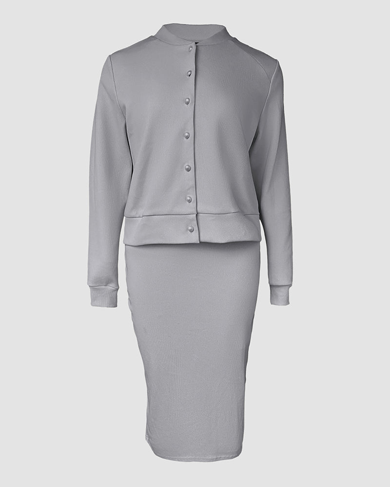2 Pieces Outfit U-Neck Slit Back Slim Fit Knit Tank Dress and Pearl Button Front Baseball Coat Casual Ribbed Set