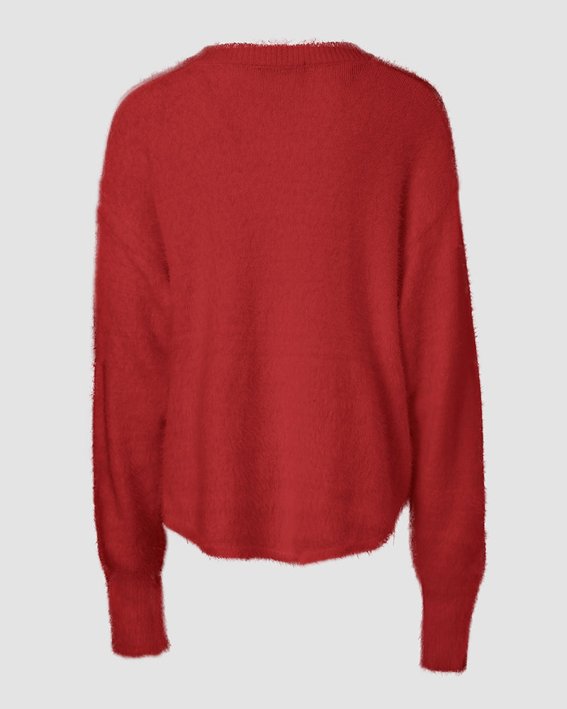 V-Neck Long Sleeve Beaded Decor Oversized Sweater Fluffy Pullover Top