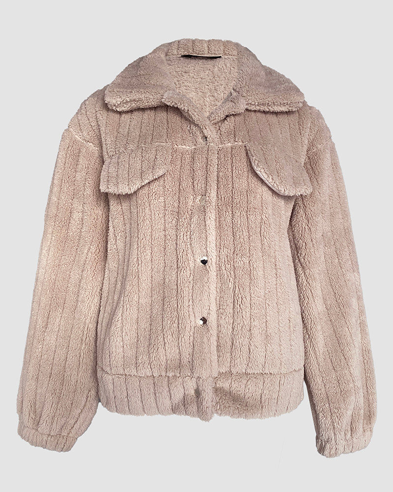 Textured Striped Turn-down Collar Button Front Elastic Cuff and Hem Teddy Fleece Jacket With Decorative Flap Pockets