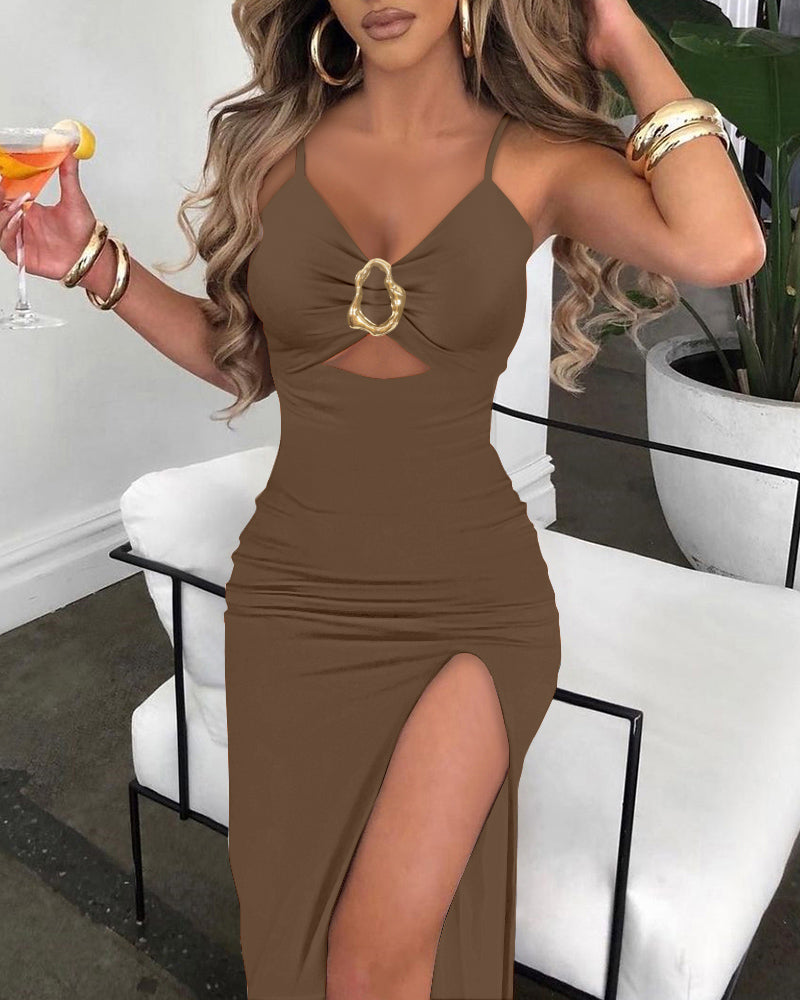 Metal Ring Decor V-Neck Adjustable Spaghetti Straps Bodycon Dress High Slit Hollow-out Evening Dress