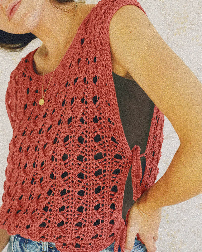Round Neck Sleeveless Hollow-out Crochet Sweater Casual Tie Side Breathable Crop Top