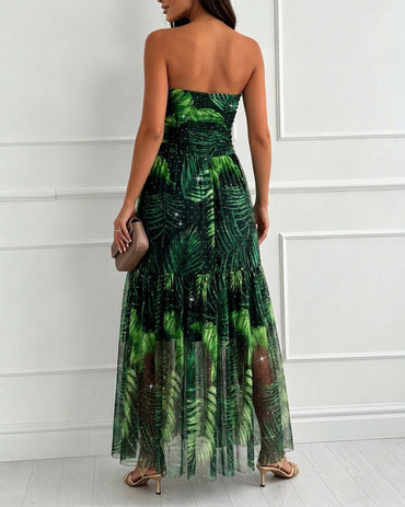 Women's Tropical Leaf Print Tube Maxi Dress Sexy Sheer Mesh Rhinestone Ruched Long Dress with Detachable Clear Straps