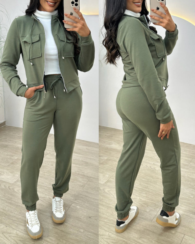 Stand Collar Long Sleeve Pocket Dec Zipper Top and Casual Elastic Waist Drawstring Pants Sets