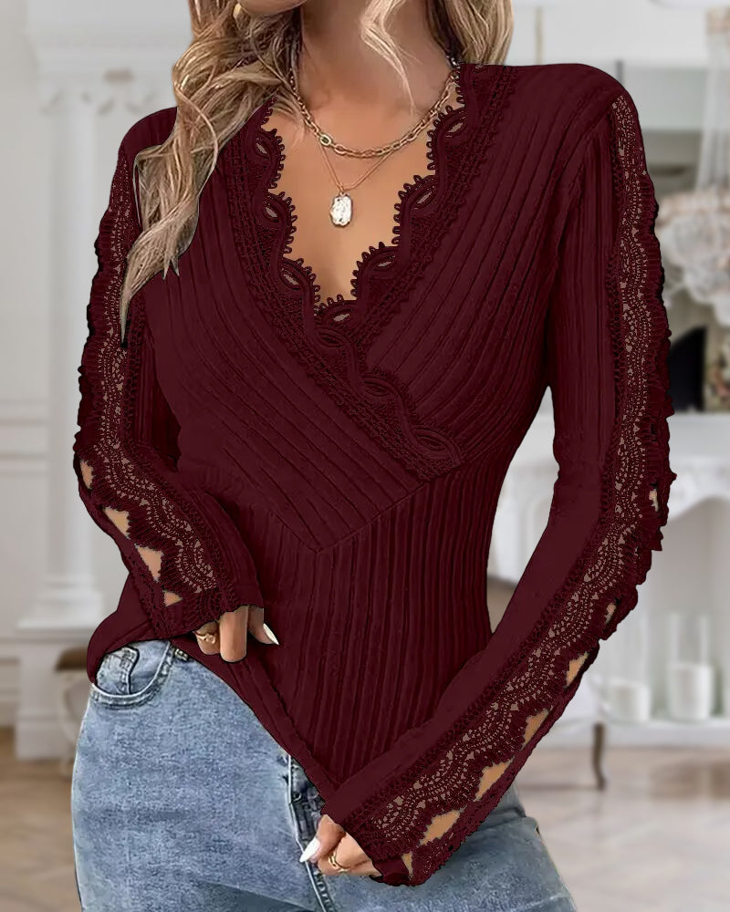 Overlap V-Neck Lace Trim Hollow-out Long Sleeve Tee Slim Fit Ribbed Layering Top