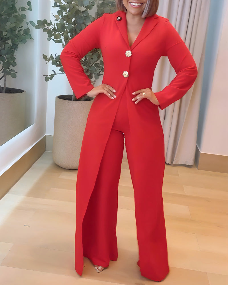 Notched Collar Long Sleeve Button Front Jumpsuit Casual Cinched Waist Wide Leg Faux Two-Piece Jumpsuit