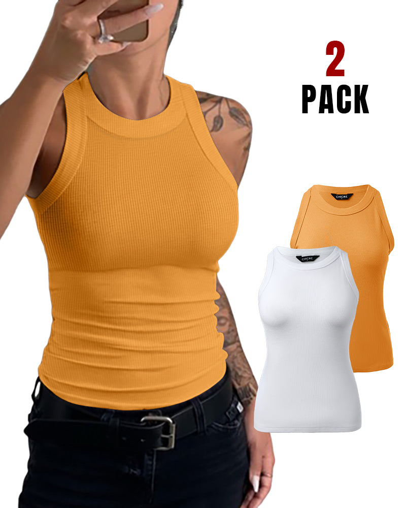 2-Pack Round Neck Thick Strap Racerback Ribbed Tank Slim Fit Tops without Bra Pads