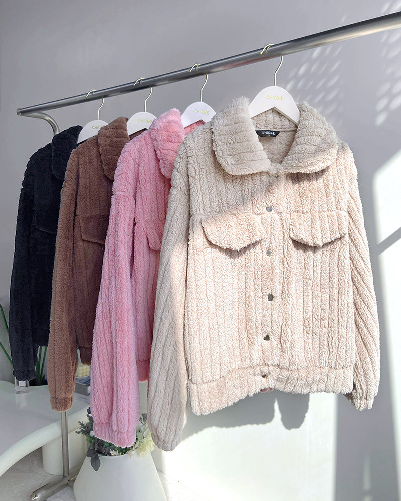Textured Striped Turn-down Collar Button Front Elastic Cuff and Hem Teddy Fleece Jacket With Decorative Flap Pockets