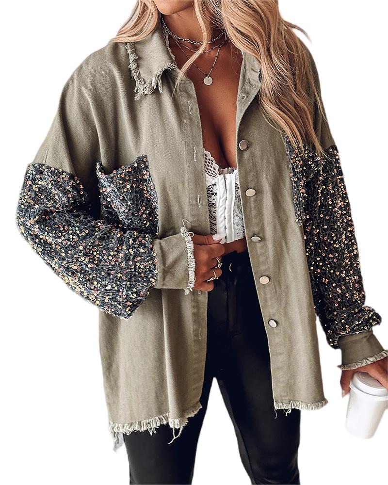 Casual Jacket Sequin Patchwork Long Sleeve Jacket Top Button Front Raw Hem Oversized Denim Shacket