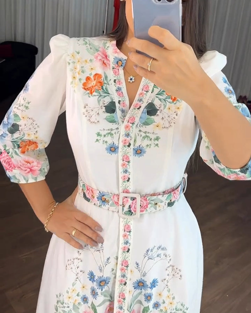 Floral Print V Neck Three Quarters Tied Detail Blouse Dress Casual A Line Slim Fit Maxi Dress