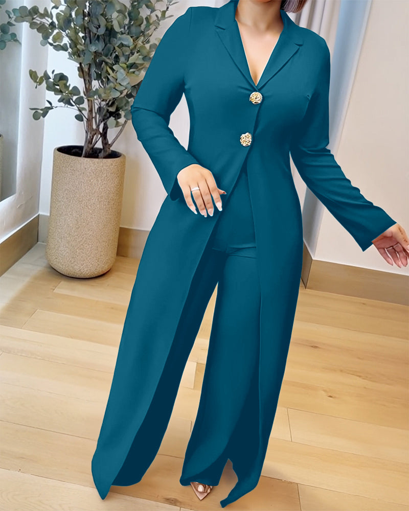 Notched Collar Long Sleeve Button Front Jumpsuit Casual Cinched Waist Wide Leg Faux Two-Piece Jumpsuit