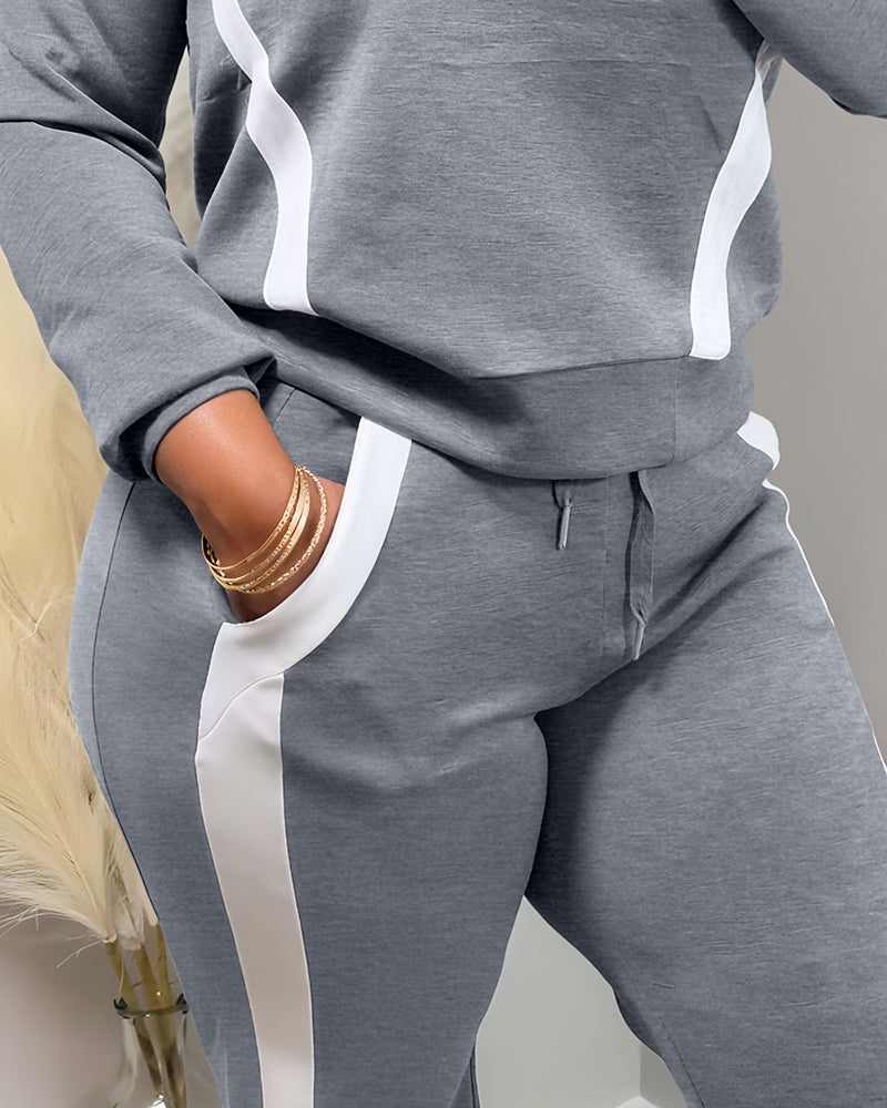 2 Pieces Outfit Half Zip Long Sleeve Top and Drawstring Elastic Waist Pants Set Casual Contrast Paneled Side Set
