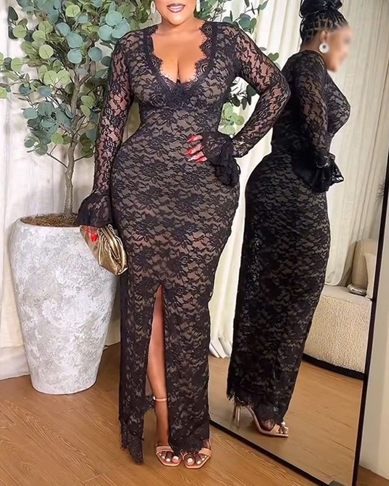 Elegant Lace Plunge V Neckline Long Sleeve Dress Casual Slim Fit Slit Evening Maxi Dress