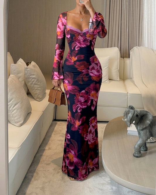 Women's Vintage Floral Mesh Dress Lace Trim Sweetheart Neck Flare Sleeve Bodycon Maxi Dress Mermaid Party Gown