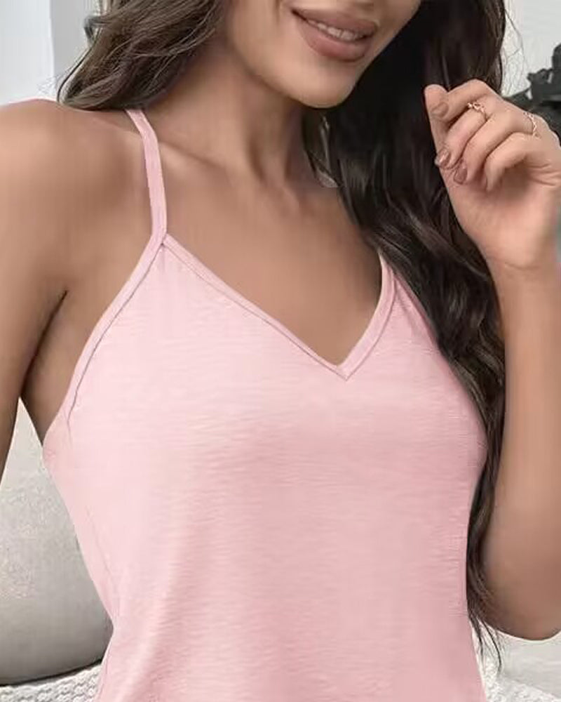 Crochet Lace Trim Backless Cami Top and Shorts Set Pajams Set Sleepwear
