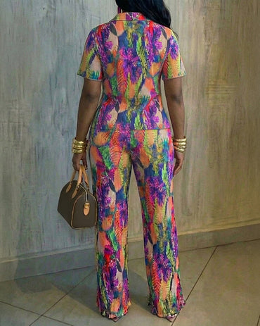 Women's Tropical Print Pleated Two-Piece Set Short Sleeve Button-Down Shirt and High-Waist Wide-Leg Pants Casual Vacation Outfit