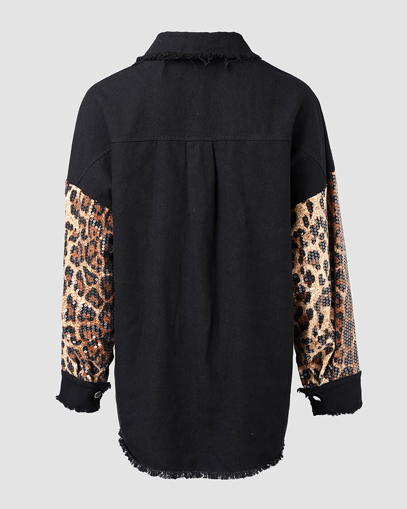 Contrast Leopard Sequin Patchwork Long Sleeve Jacket Top Button Front Raw Hem Shacket