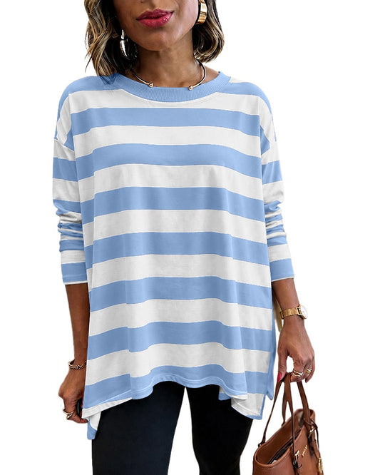 CHICMELIVE Women's Long Sleeve Striped Tops Drop Shoulder Crewneck T Shirts