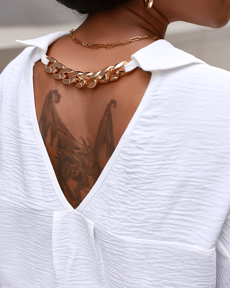 Metal Chain Decor Turn-down Collar Turn-Up Sleeves Front Button Shirt Casual Backless Asymmetrical Hem Top