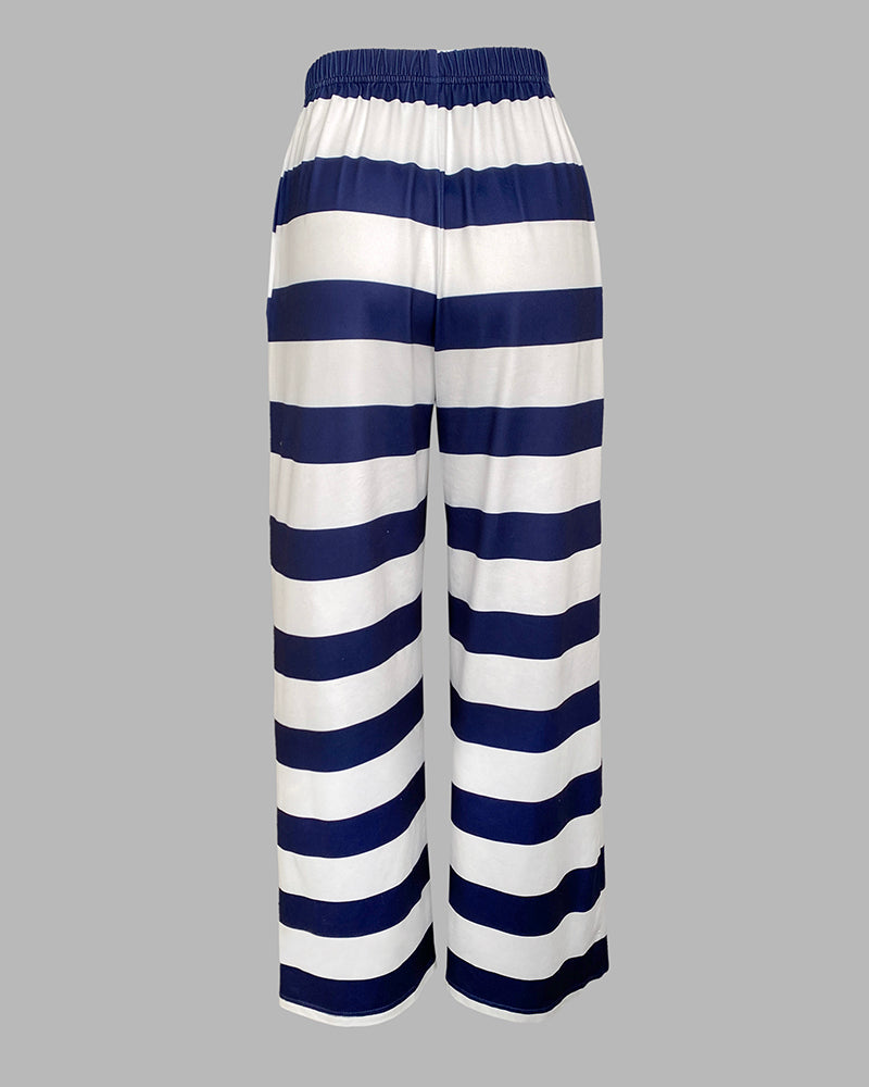 2 Pieces Outfit Anchor Pattern Short Sleeve Top and Striped Elastic Waist Pants Set Casual Pajamas Set