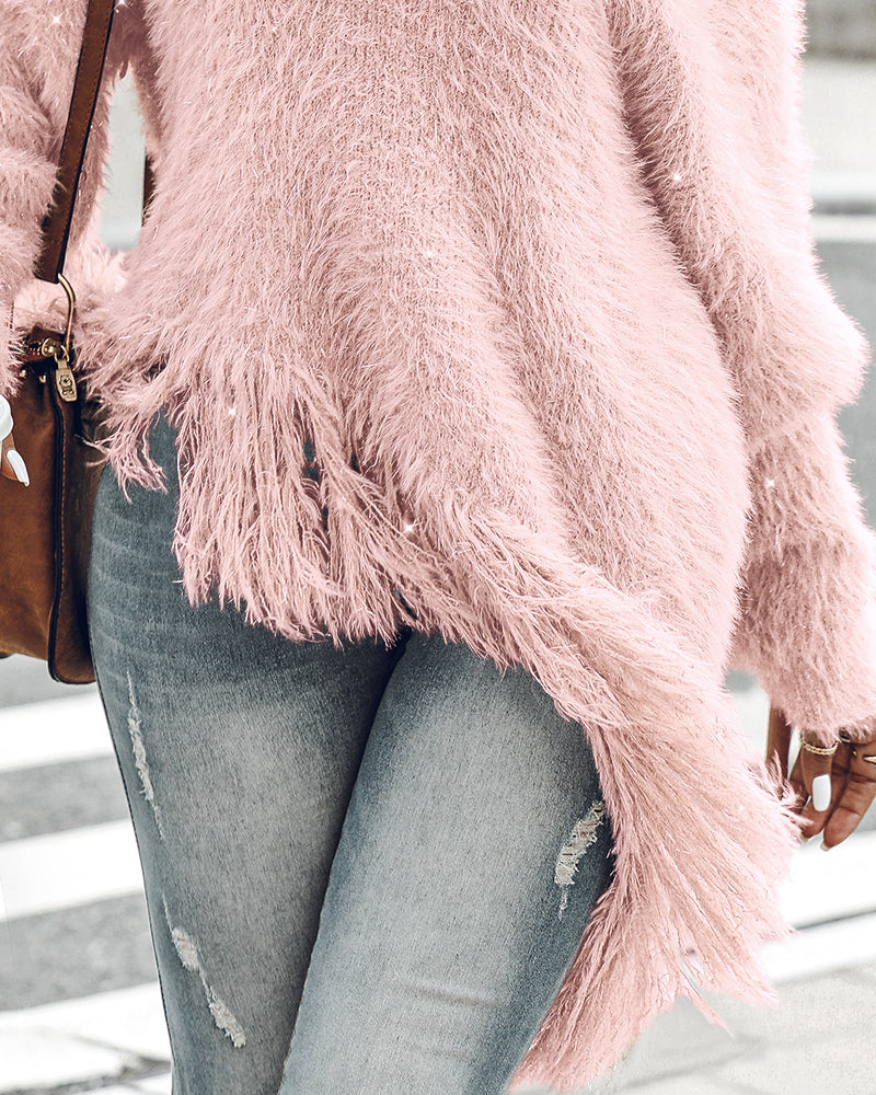 V-Neck Long Sleeve Sweater Fringe Pullover Casual Tassel Fall Winter Top