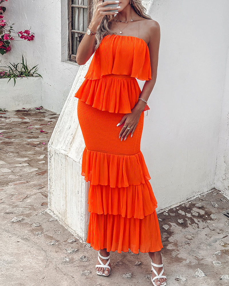 Layered Ruffle Shirred Slim Fit Strapless Dress Textured Maxi Party Dress