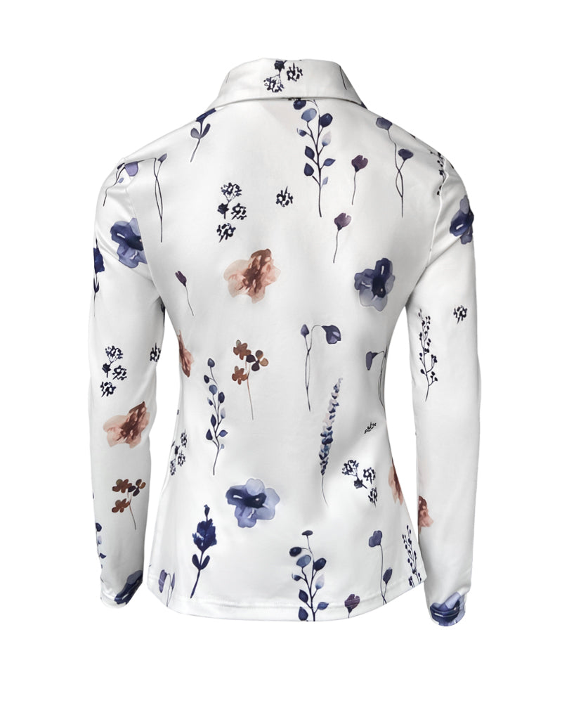Floral Print Turn-down Collar Long Sleeve Metal Button Front Blouse Ruched Slim Fit Top