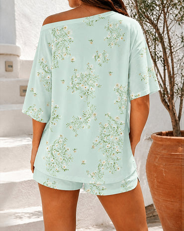 Women's Loungewear Set Anchor Print Side Slit Top and Striped Shorts Set Casual Pajamas Set with Pockets