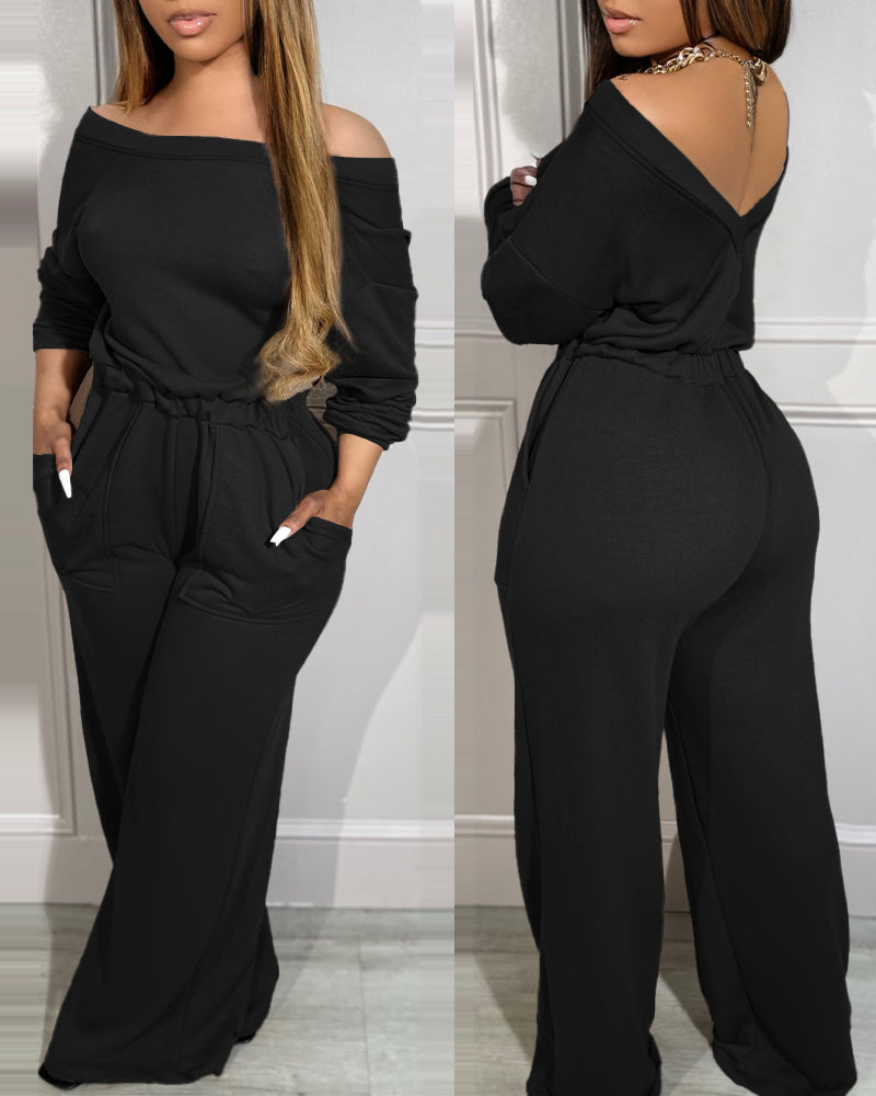 Off Shoulder V-Back Elastic Waist Pockets Design Jumpsuit Casual Drop Shoulder Cinched Waist Wide Leg Jumpsuit