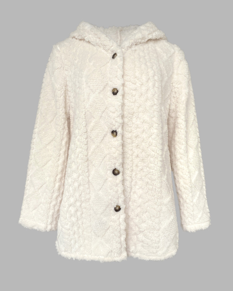 Argyle Textured Button Down Side Slit Long Sleeve Fleece Teddy Coat Hooded Jacket Warm Outwear