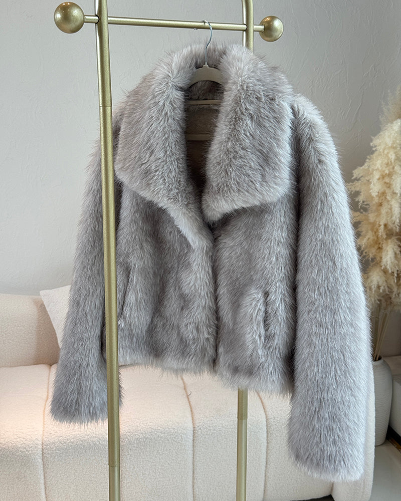 Turn-down Collar Long Sleeve Faux Fur Coat Jacket Casual Warm Fluffy Cropped Coat