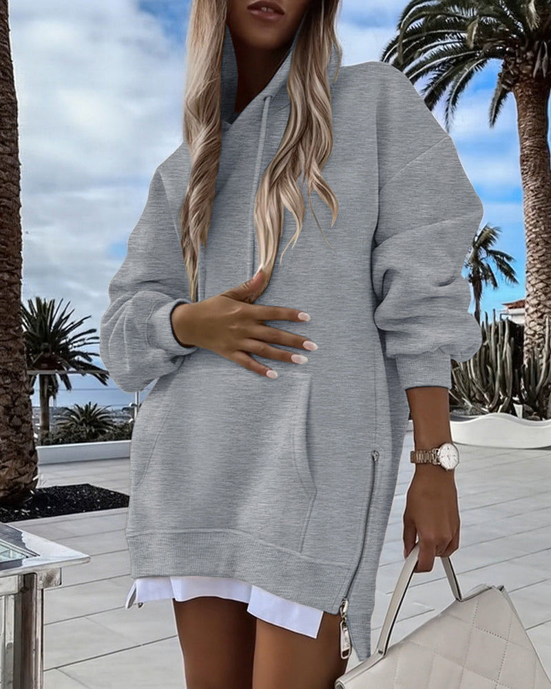 Long Sleeve Pocket Design Pullover Sweatshirt Casual Faux Two Piece Longline Drawstring Hooded Top
