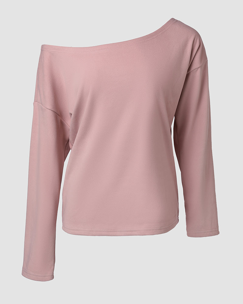 2 Pieces Outfit Long Sleeve Skew Neck Pullover Top and Drawstring Elastic Waist Slim Fit Pants Set