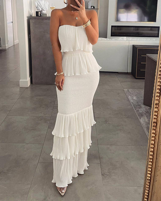Layered Ruffle Shirred Slim Fit Strapless Dress Textured Maxi Party Dress
