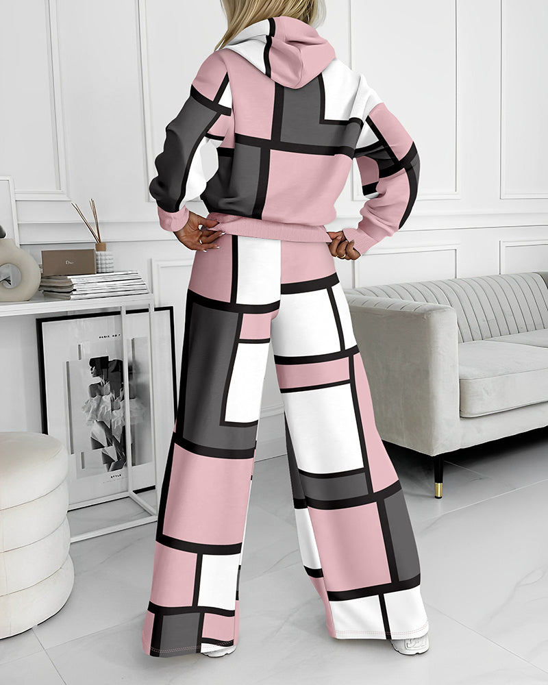 Geometric Print Colorblok Hoodie & Wide Leg Pant Set