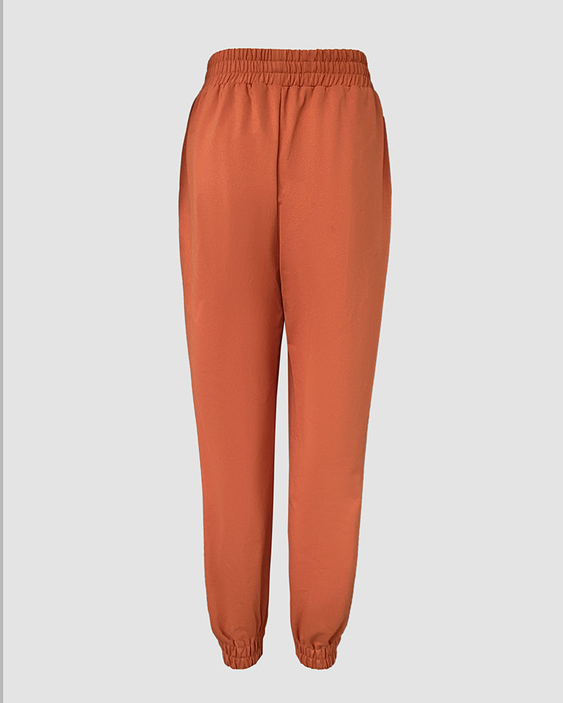 Stand Collar Long Sleeve Pocket Dec Zipper Top and Casual Elastic Waist Drawstring Pants Sets